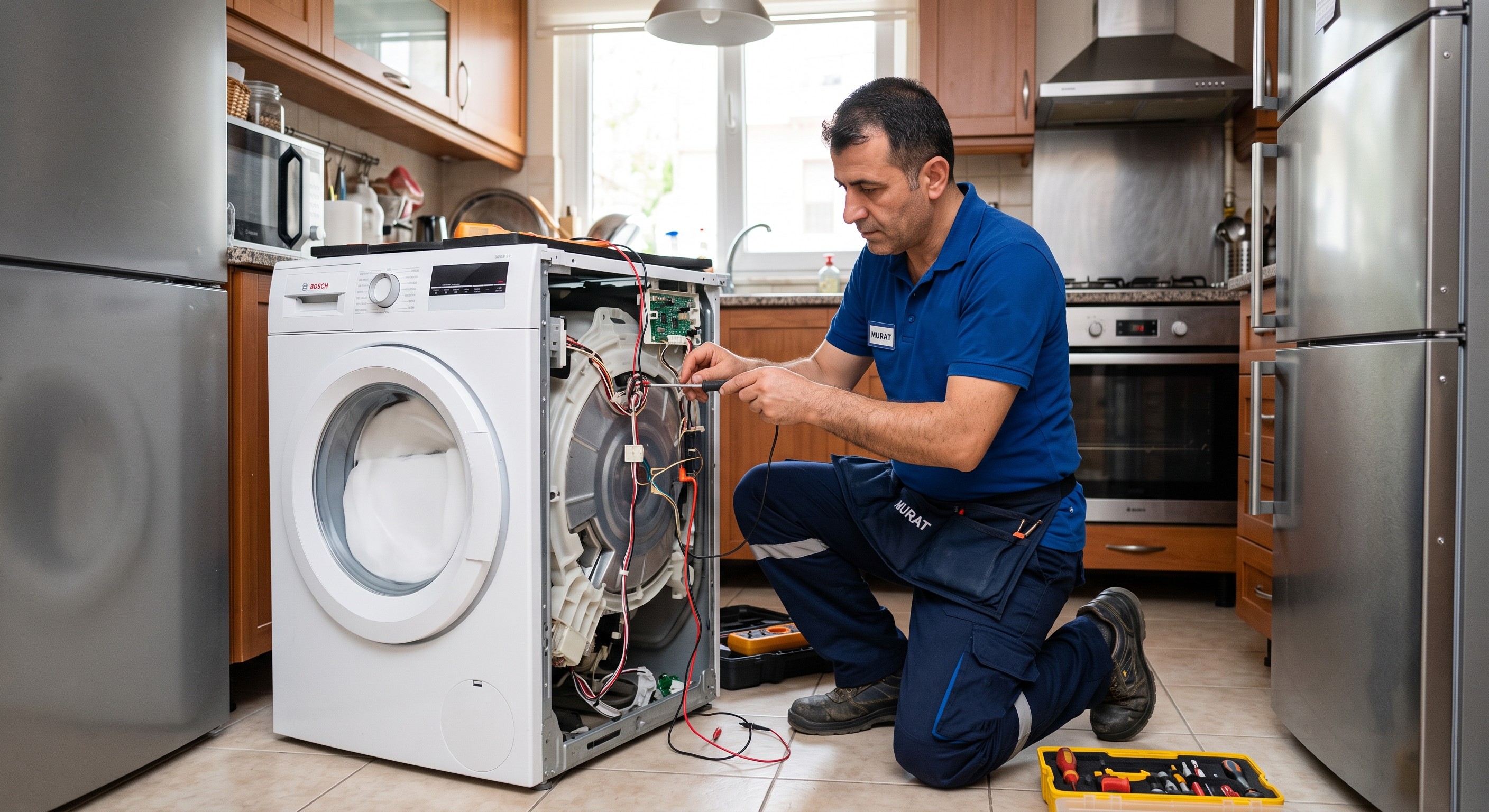 Teknik servis uzmanı çamaşır makinesini onarıyor